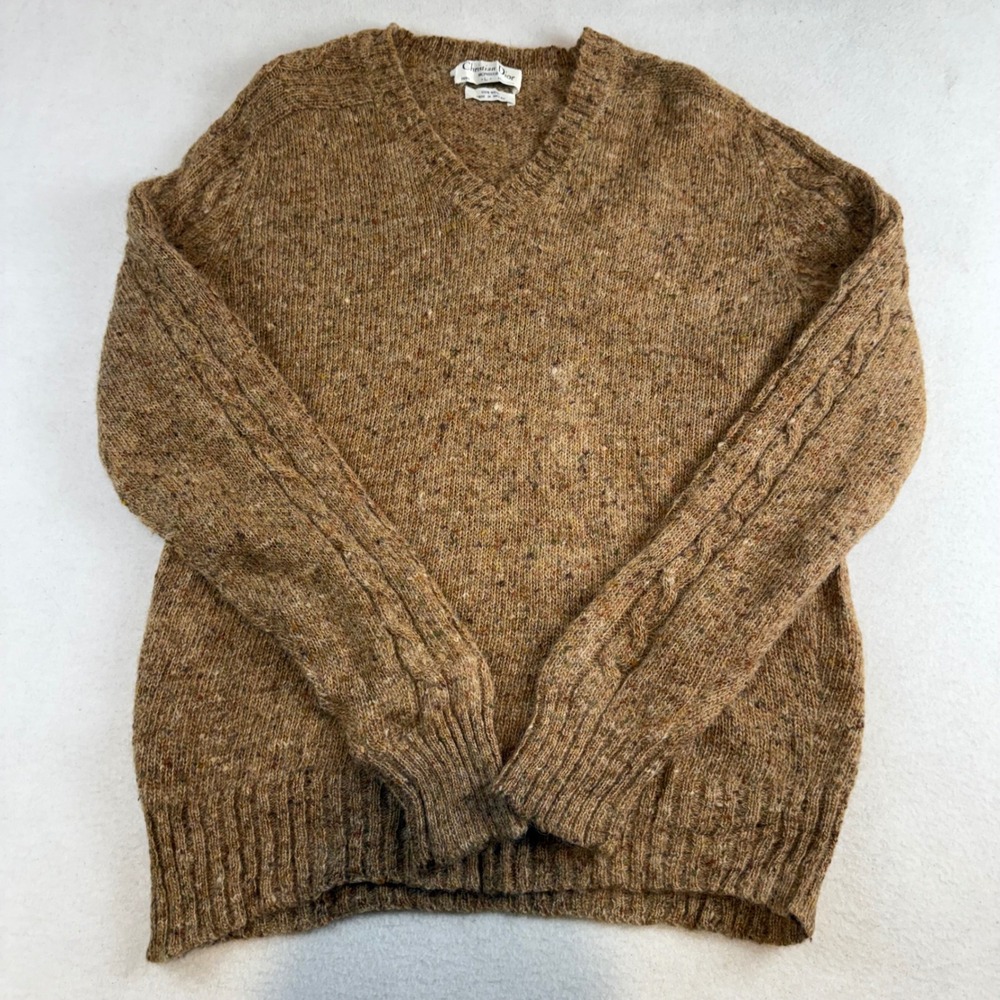 Christian Dior Monsieur Brown Donegal Wool V-Neck Cable Knit Sweater Large